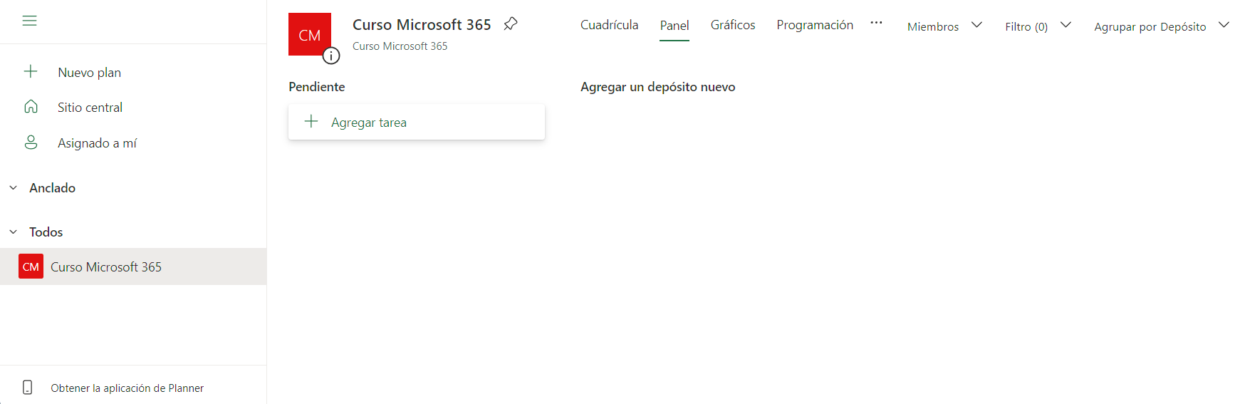 Pantalla de plan recién creado en blanco, sin tareas ni nada